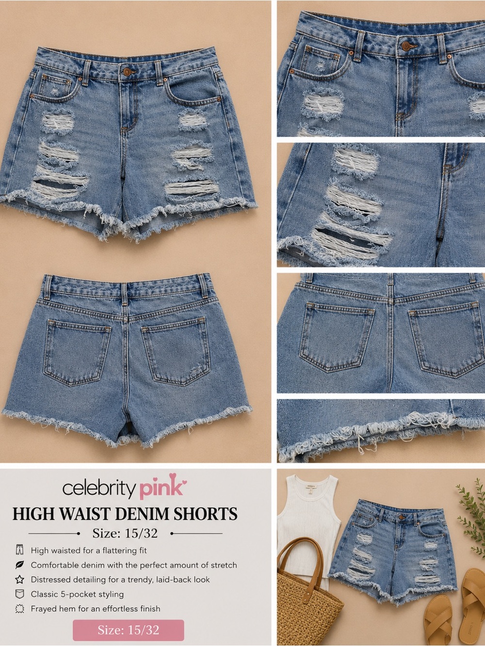 Celebrity Pink Light Blue High-Waist Distressed Denim Shorts